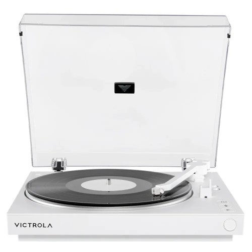 White Victrola turntable with clear dust cover