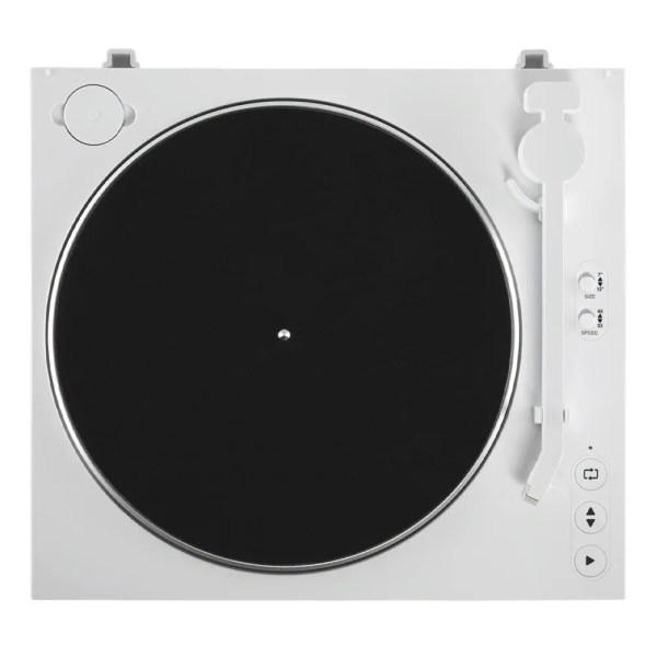 victrola automatic turntable white Top view of modern white turntable