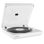White Victrola turntable with vinyl record and lid open