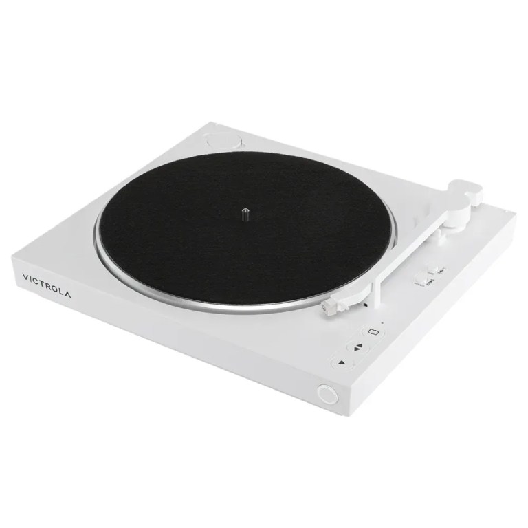 White Victrola turntable with black platter