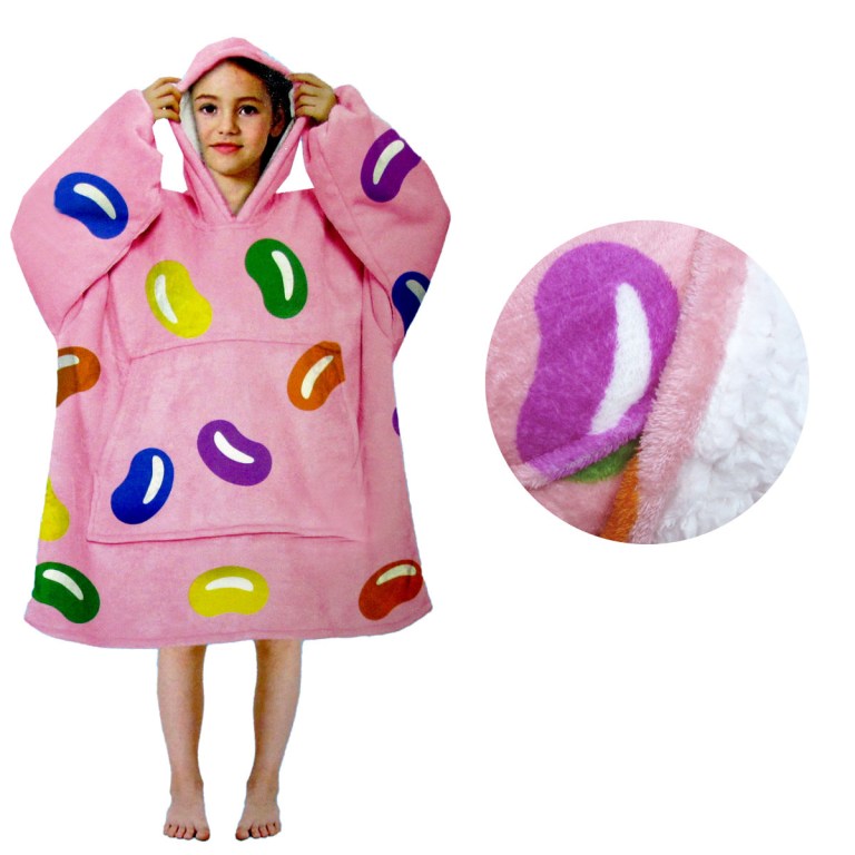 Child wearing pink jellybean hooded blanket