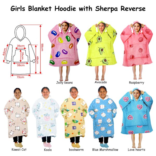 Girls sherpa blanket hoodies in assorted prints