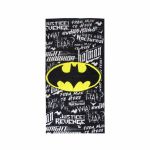 Batman logo on black text background