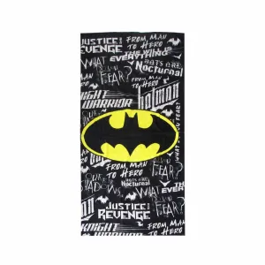 Batman logo on black text background