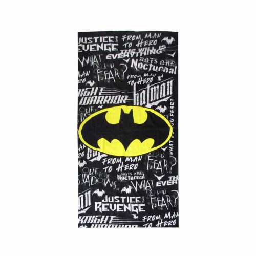 Batman logo on black text background