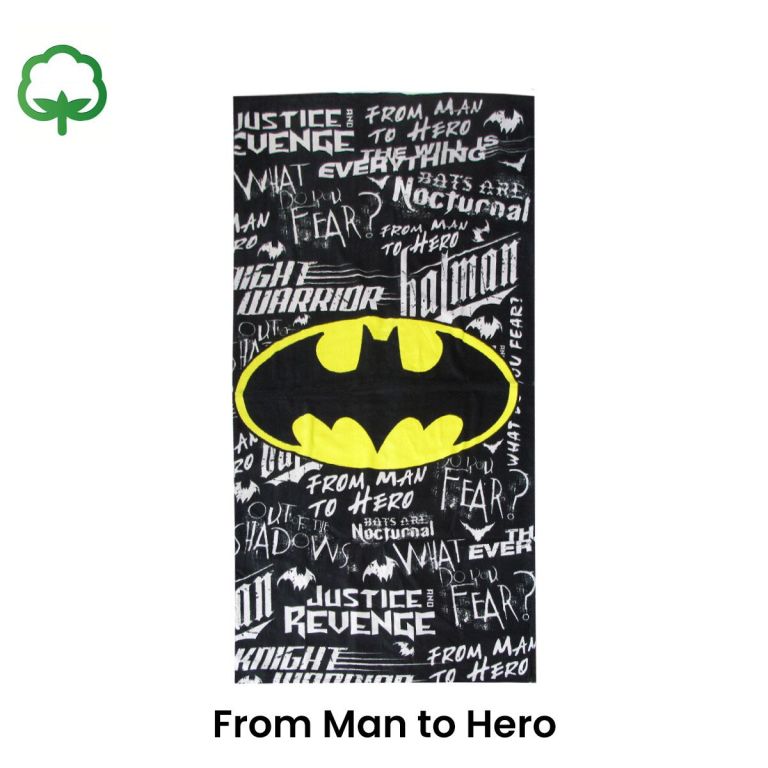 Batman logo on black typographic background
