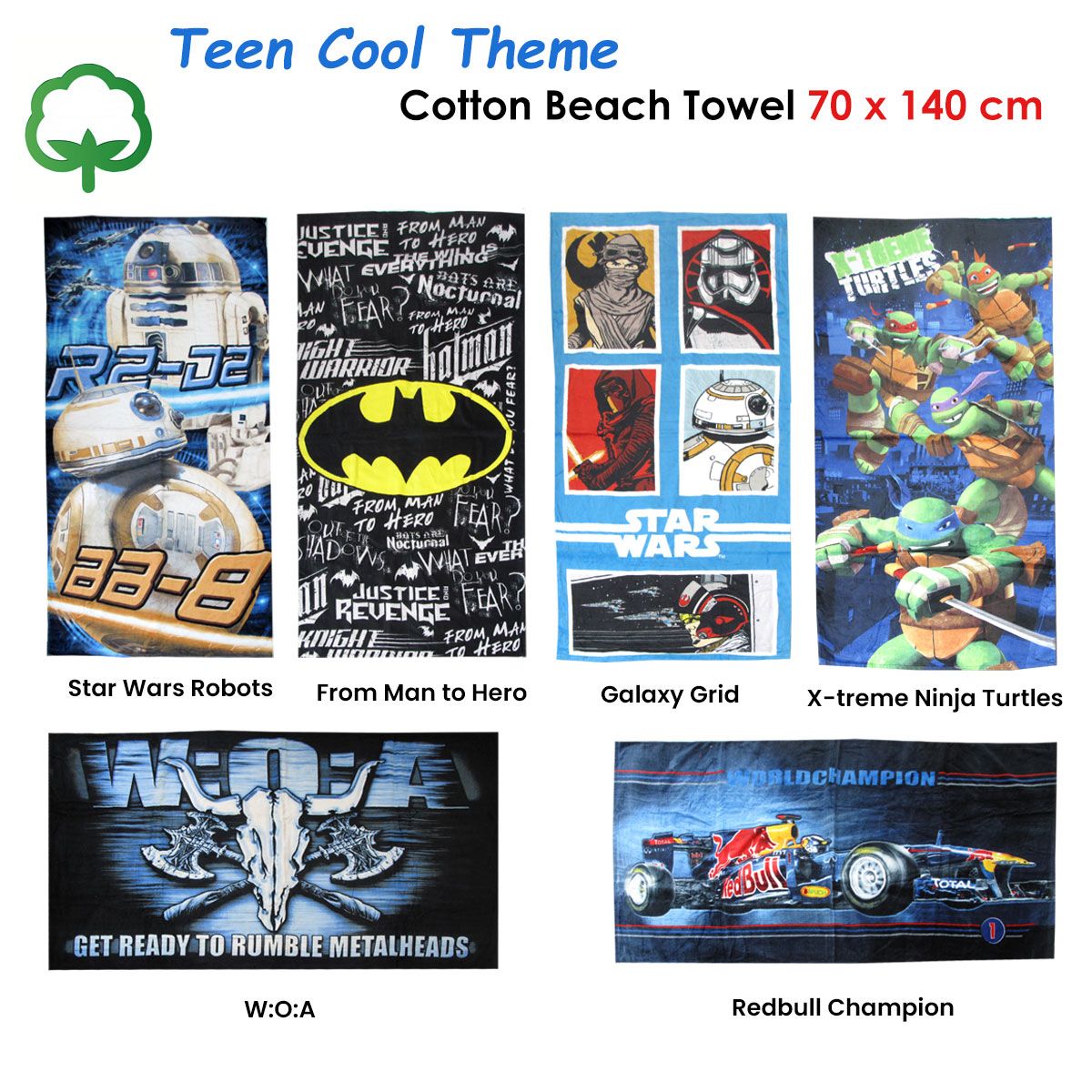Teen themed cotton beach towel designs display