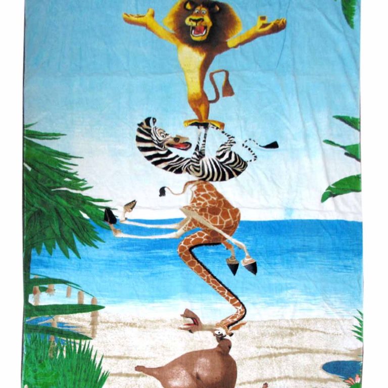 Cartoon animals stacked on beach by ocean