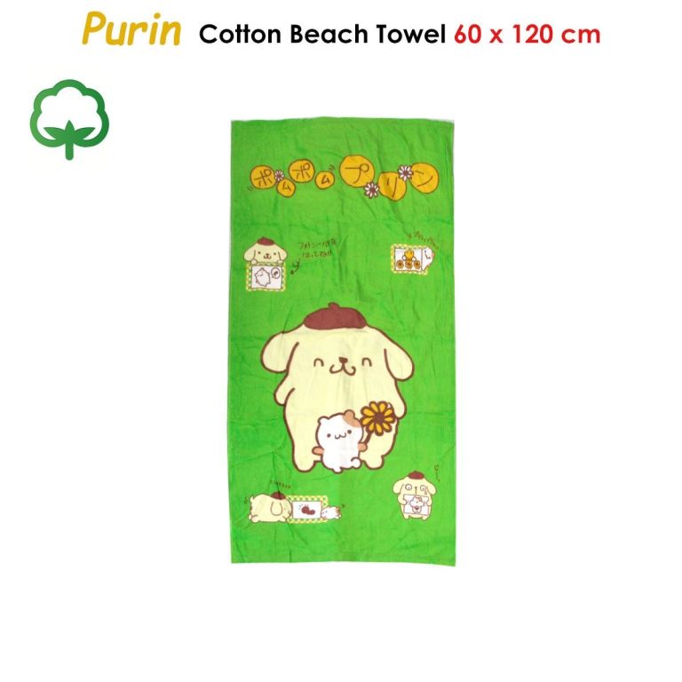 purin cute cotton beach towel 60 x 120 cm Green Purin cotton beach towel with cartoon design