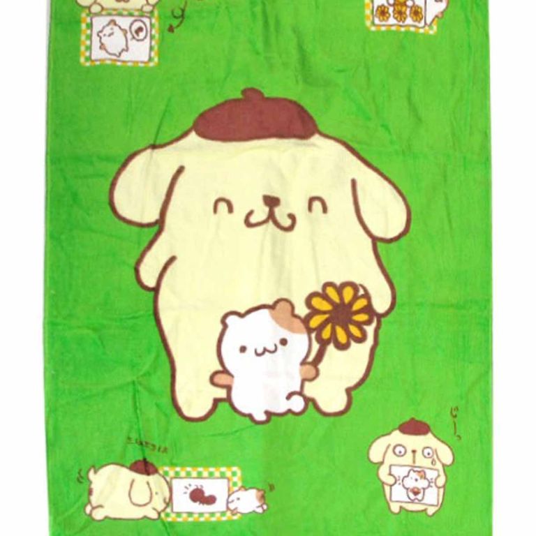 purin cute cotton beach towel 60 x 120 cm Cute cartoon dog holding flower on green background