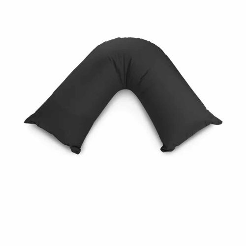 Black V-shaped support pillow on white background