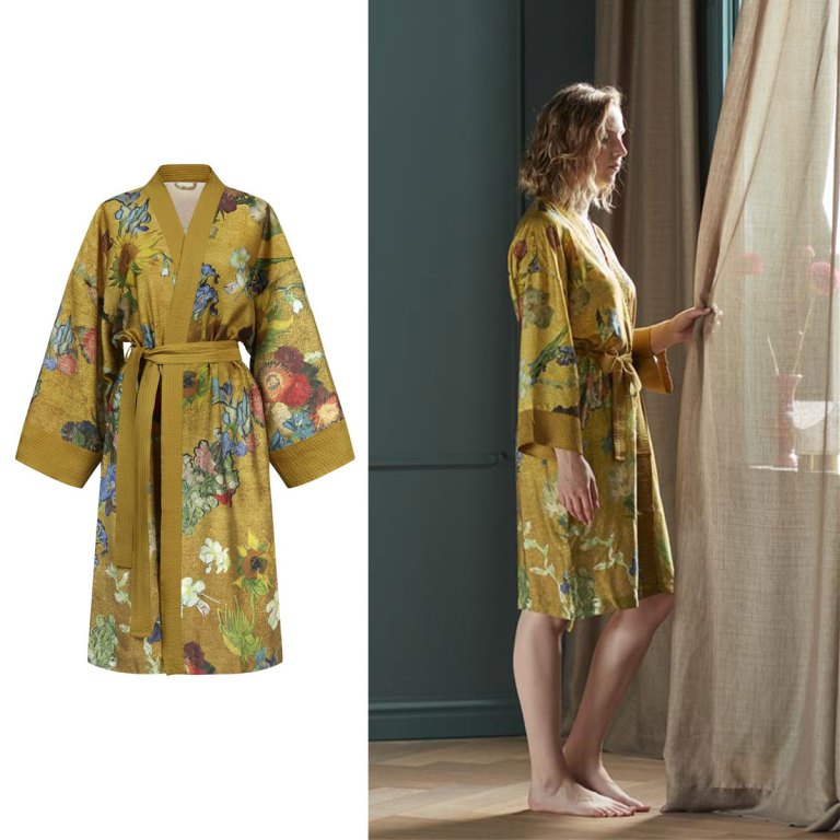 Mustard floral kimono robe with waist tie
