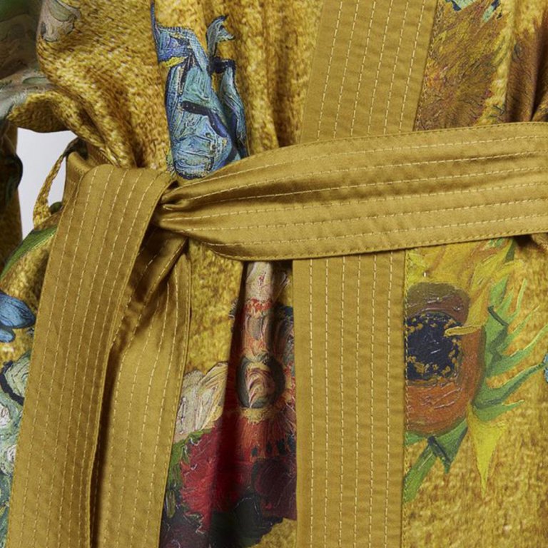 Mustard floral robe with tied waist belt