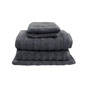 Stack of folded dark grey bath towels