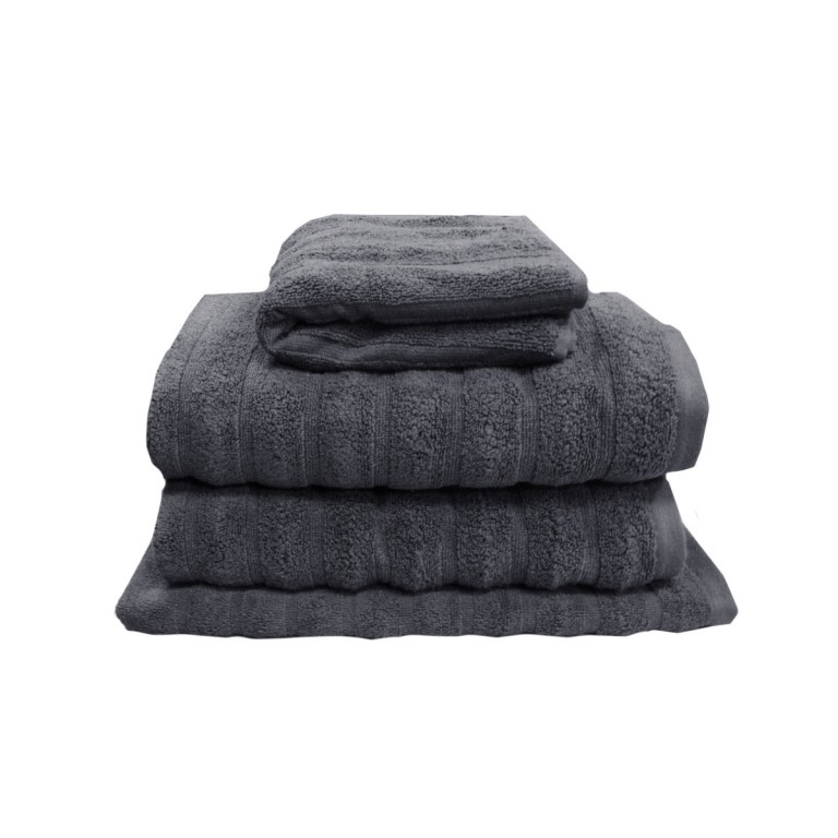 Stack of folded dark grey bath towels