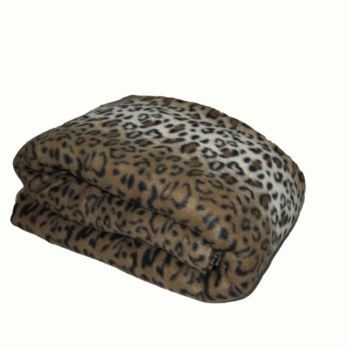 Folded leopard print fleece blanket on white background