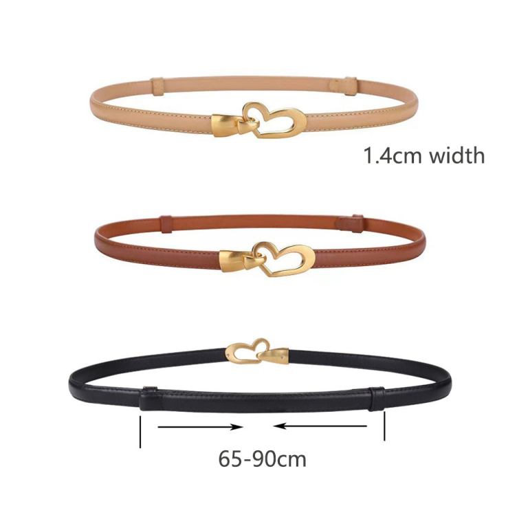 women's genuine leather thin adjustable waist belt for dresses blazers (black) Slim leather belts with gold heart buckles
