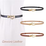 women's genuine leather thin adjustable waist belt for dresses blazers (brown) Slim leather belts with gold heart buckle