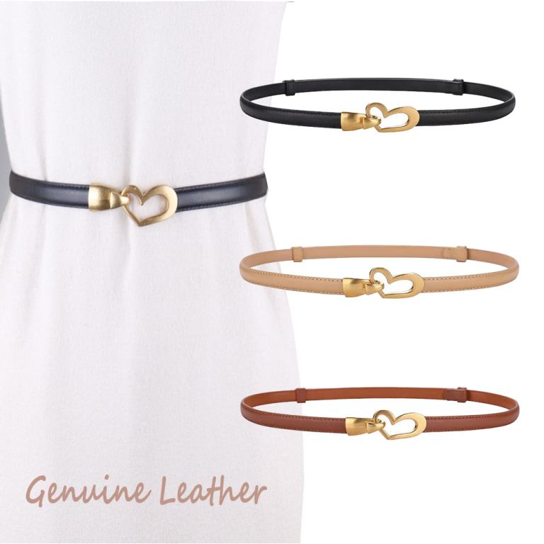women's genuine leather thin adjustable waist belt for dresses blazers (brown) Slim leather belts with gold heart buckle