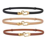 women's genuine leather thin adjustable waist belt for dresses blazers (brown) Three slim leather belts with gold heart buckles