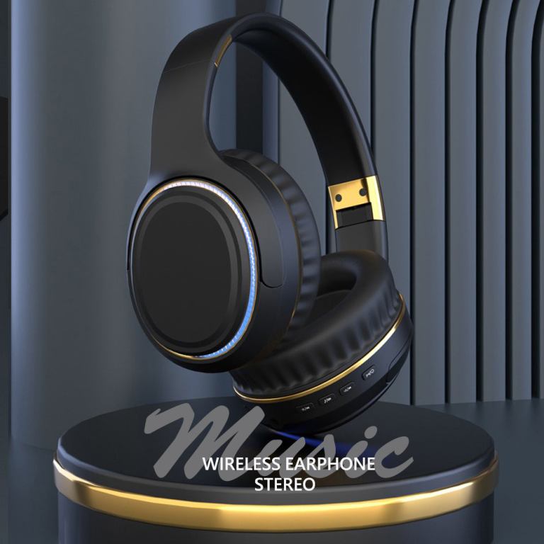 jr h6 foldable bluetooth 5.3 wireless headphone over ear active noise cancelling deep bass headset (black) Black and gold wireless over-ear headphones on stand