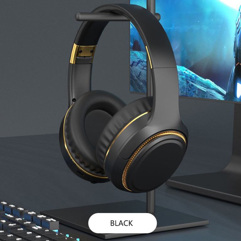jr h6 foldable bluetooth 5.3 wireless headphone over ear active noise cancelling deep bass headset (black) Black over-ear headphones with gold accents on stand