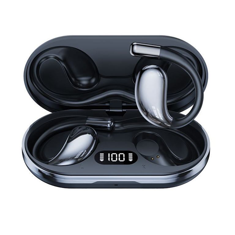 Metallic wireless earbuds in charging case with display