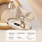Beige wireless earbuds in charging case with display