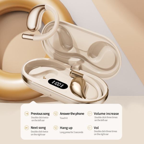 wireless earhook sports headphones open ear bluetooth 5.4 sweat resistant earphones (black) Beige wireless earbuds in charging case with display