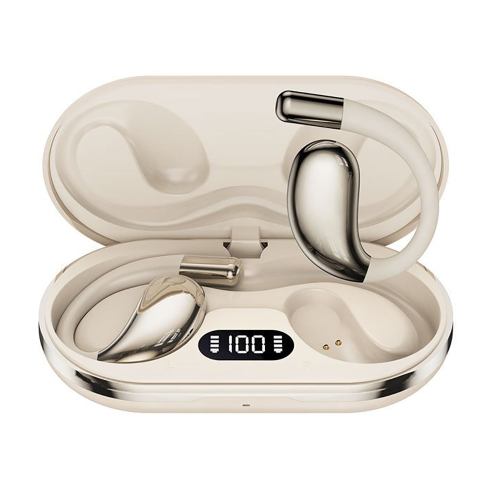 Beige wireless earbuds in charging case with display