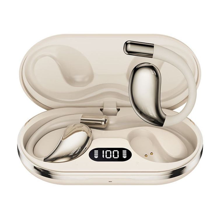 Beige wireless earbuds in charging case with display