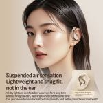 Woman wearing open-ear wireless earbud device