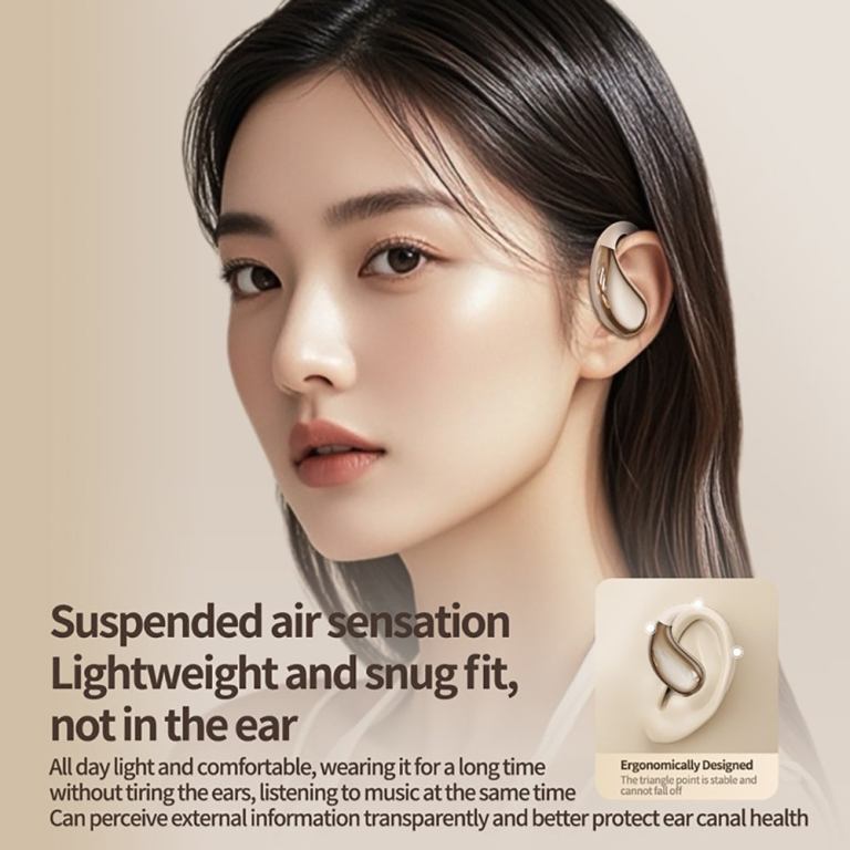 Woman wearing open-ear wireless earbud device