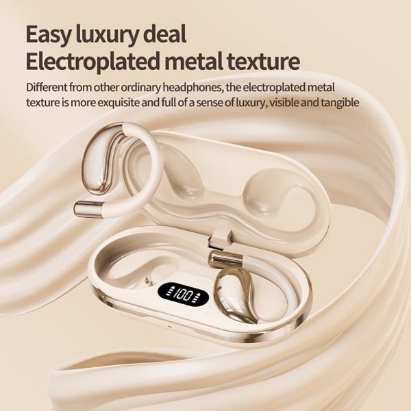wireless earhook sports headphones open ear bluetooth 5.4 sweat resistant earphones (beige) Luxury electroplated wireless earbuds with charging case