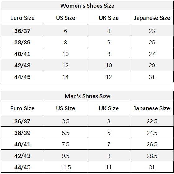Women’s and men’s international shoe size chart