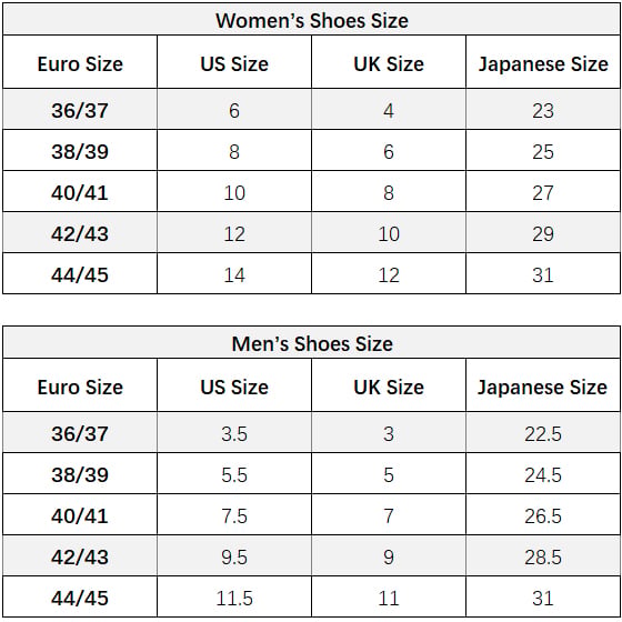 Women’s and men’s international shoe size chart