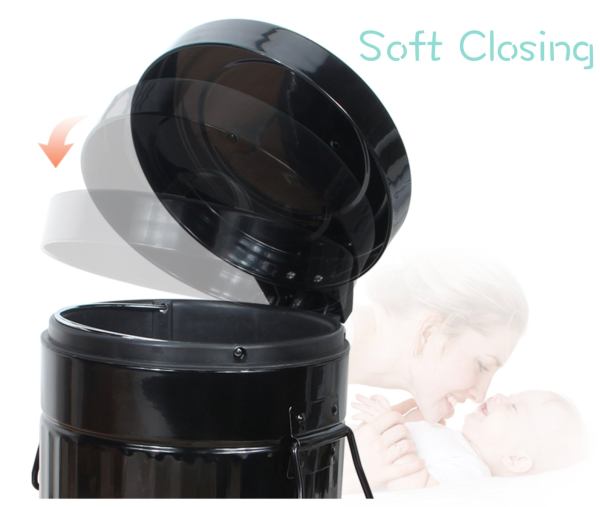 Black metal bin with soft-closing lid