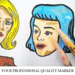 Illustrated female faces coloured with art markers