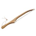 Curved wooden serrated bread knife with leather loop