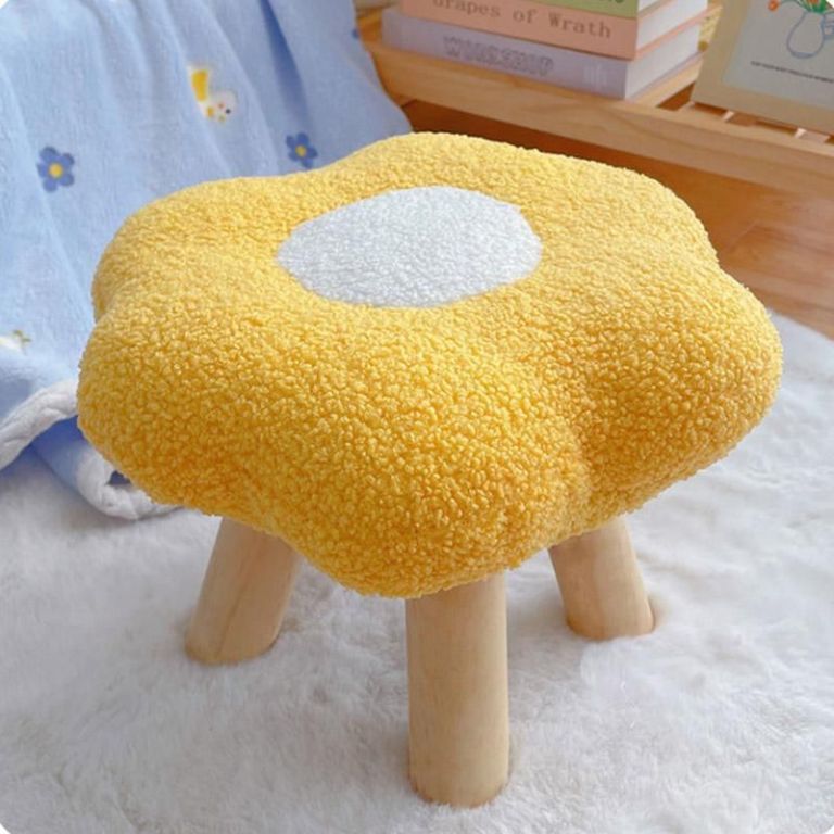 Fried egg shaped plush stool with wooden legs