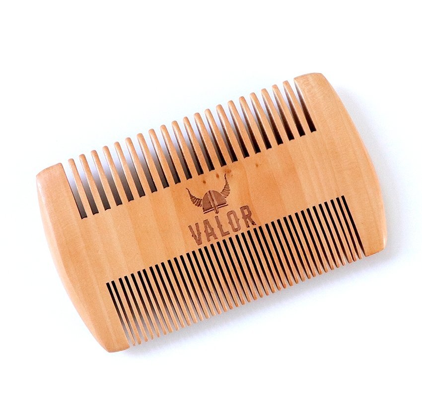 Wooden double-sided beard comb with Valor logo