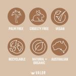 Sustainability icons: palm free, vegan, Australian made