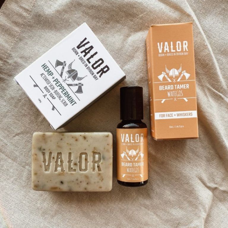 Valor beard grooming products on linen fabric