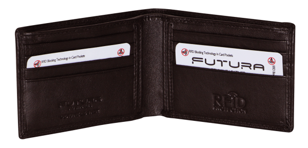 Open brown leather wallet with RFID card slots
