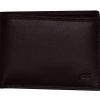 Dark brown leather bifold wallet with stitched edges