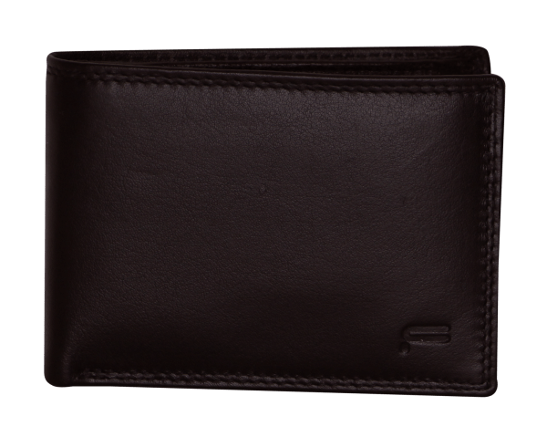 Dark brown leather bifold wallet with stitched edges