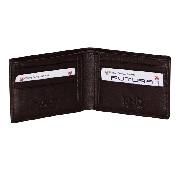 Open brown leather RFID-blocking bifold wallet