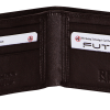 Open brown leather wallet with RFID blocking slots