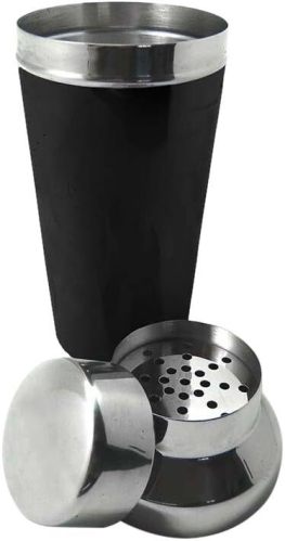Black stainless steel cocktail shaker with strainer lid