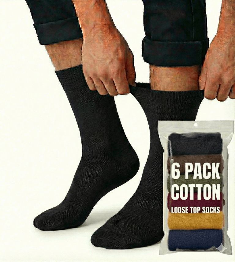 Person pulling up black loose top socks